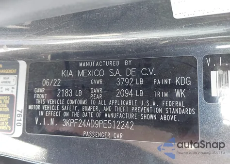 2023 Kia Forte Lxs z USA, uszkodzony, nr VIN 3KPF24AD9PE512242